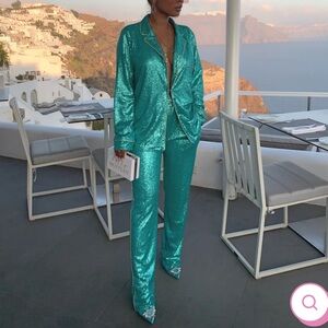 Minaa Monroe Sequin Satin Pajama-Style Pantsuit in GREEN (Never Worn)